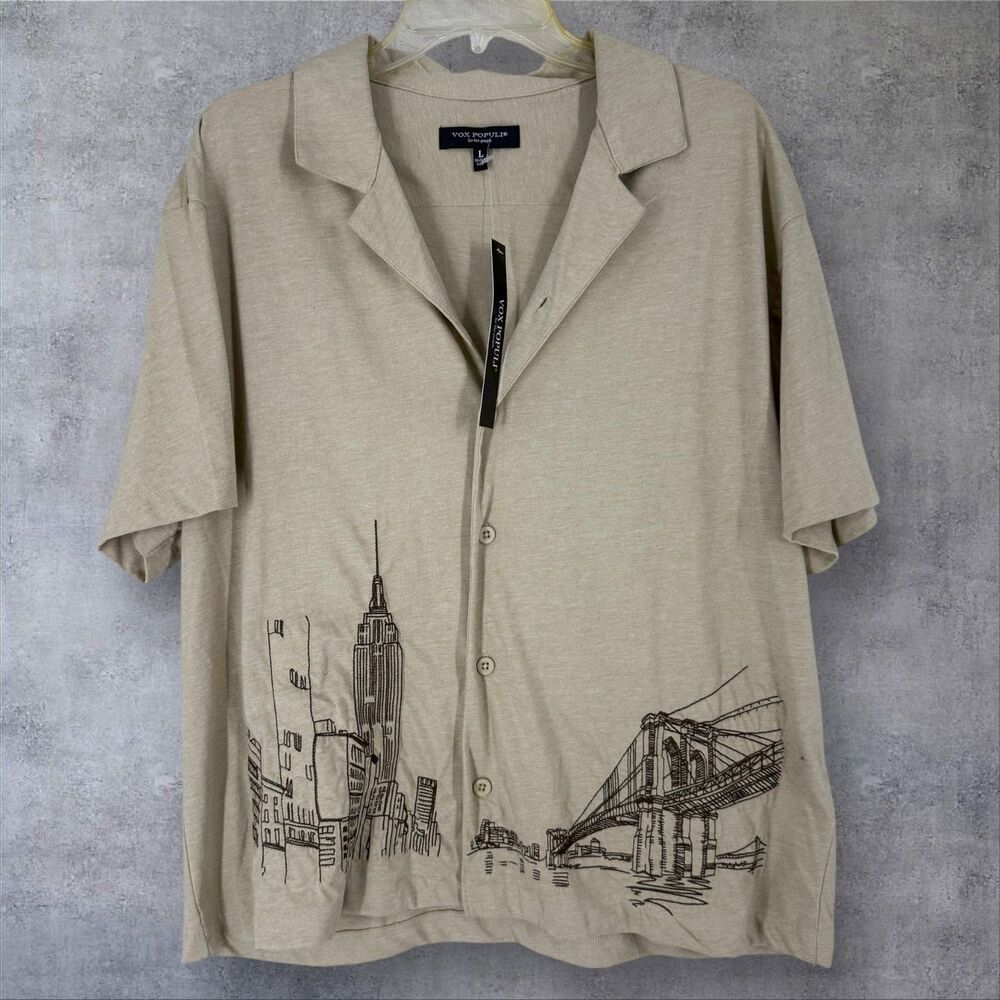 NWT Vox Populi Button Up Shirt NYC Empire State & Brooklyn Bridge Embroidered L